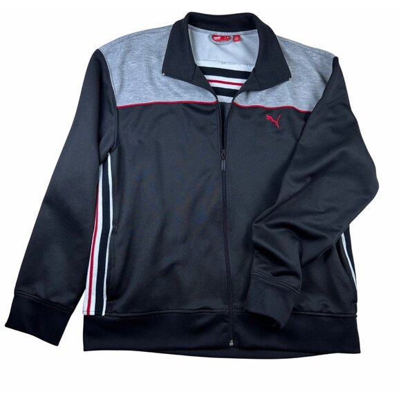 Puma Mens Full-Zip Track Jacket Black/Gray Red Striper Sz L Comfy Streetwear - Picture 1 of 11